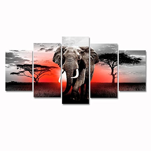 Product Cover Modern African Grassland Elephant Canvas Wall Art Black and White 5 Panel Animal Painting Artwork Landscape Picture Framed for Living Room Home Decor
