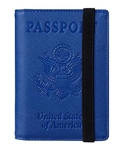 Product Cover Travelambo RFID Blocking Leather Passport Holder Cover Case Travel Wallet Elastic Strap(Blue CH Prussia blue)