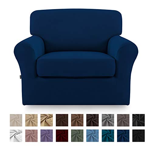 Product Cover Easy-Going 2 Pieces Microfiber Stretch Couch Slipcover - Spandex Soft Fitted Sofa Couch Cover, Washable Furniture Protector with Elastic Bottom for Kids,Pet （Chair，Navy）