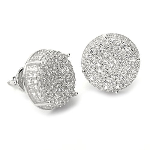 Product Cover Men's Full Iced Cubic Zirconia Round Setting Screw Back Earring BE 11403 (Silver Plated)