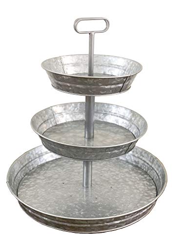 Product Cover 3 Tier Galvanized Metal Stand (Large) Twin Handle Farmhouse Style Serving Tray | Perfect for Rustic, Vintage Decoration in Kitchen and Dining Room