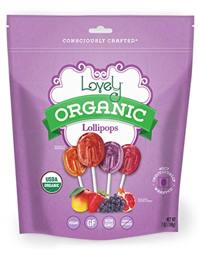 Product Cover ORGANIC Lollipops - Lovely Co. 7oz Bag (40 count) - Strawberry, Pomegranate, Mango & Grape Flavors | NO HFCS, GLUTEN or Fake Ingredients, 100% VEGAN & Kosher!