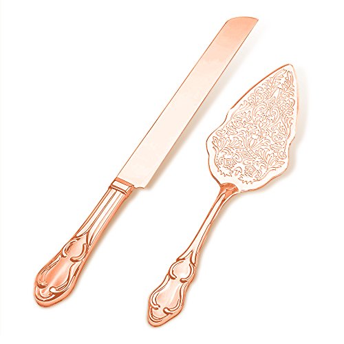 Product Cover Strova Rose Gold Wedding Cake Knife and Server Set | Vintage Bride and Groom Cake Servers | Elegant, Memorable Keepsakes | Includes Cake Knife and Spatula Server | Party, Anniversary & Event Use