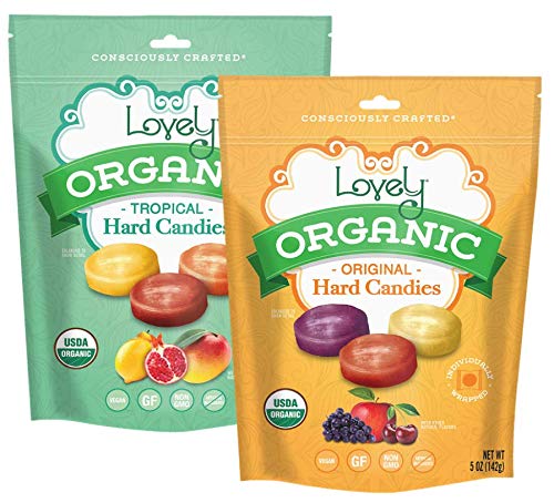 Product Cover ORGANIC Hard Candies (Combo 2-Pack) - Lovely Co. (2) 5oz Bags - Cherry, Grape & Apple AND Lemon, Pomegranate & Mango Flavors | NO HFCS, GLUTEN or Fake Ingredients, 100% VEGAN & Kosher!