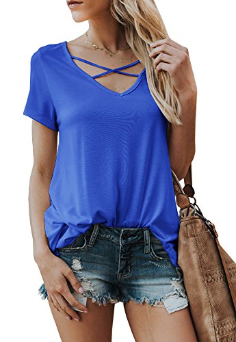 Product Cover Karlywindow Womens Criss Cross T-Shirts Summer Casual Short Sleeve Front V-Neck Cute Loose Tunics Tops
