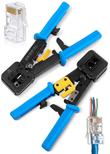 Product Cover RJ45 Crimp Tool for Pass Through Connector End | EZ Cut, Strip, Crimp Electrical Cable | Heavy Duty Crimper for RJ11 & RJ45 Plugs | Professional Networking Cat5/5e & Cat6, Tools & Accessories