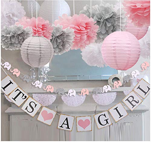 Product Cover luckylibra Baby Girl Baby Shower Decorations, It is a Girl Banners and Paper Lantern Paper Flower Pom Poms （Pink White Grey）