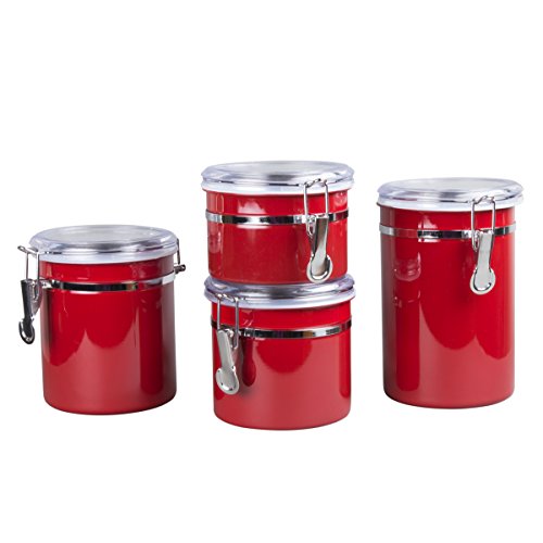 Product Cover Creative Home 50283 4-Pieces Stainless Steel Canister Container Set with Air Tight Lid and Locking Clamp, Red, 26 oz, 36 oz, 47 oz, and 62 oz