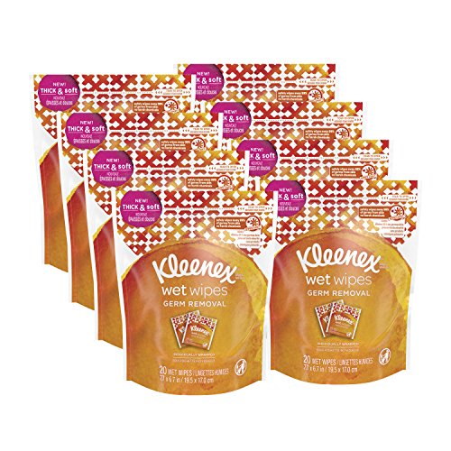 Product Cover Kleenex Wet Wipes Germ Removal For Hands And Face, 8 resealable pouches of 20 individually wrapped wipes (160 total wipes)