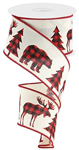 Product Cover Plaid Moose, Bear, and Trees Wired Edge Ribbon, 2.5 Inches x 10 Yards (Cream)
