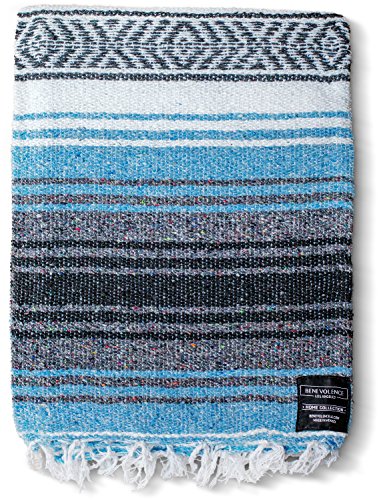 Product Cover Mexican Blanket, Falsa Blanket | Authentic Hand Woven Blanket, Serape, Yoga Blanket | Perfect Beach Blanket, Navajo Blanket, Camping Blanket, Picnic Blanket, Saddle Blanket, Car Blanket (Sky Blue)