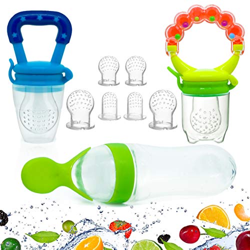 Product Cover Gedebey Baby Food Feeder, Pacifier Fruit- Fresh Silicone Bottle Squeeze Spoon Frozen Fruit Teething Pacifiers Nibbler Hygienic Cover Newborn Teeth with Meshes Sizes for Baby Food Spoon