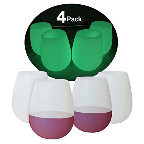 Product Cover Silicone Wine Glasses Glow in The Dark Party Picnic Shatterproof Unbreakable Rubber Cups, BPA Free FDA Food Grade Silicone Camping Wine Glass Set of 4 by Mofason