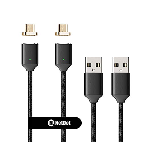 Product Cover NetDot 2 Pack Upgraded 1m/3.3ft Nylon Bradied USB Fast Charging Magnetic Micro USB Cable with LED Indicator Compatible with Android Device (3.3ft / 2 Pack Black)