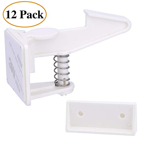 Product Cover Cabinet Locks Child Safety Latches - Vmaisi 12 Pack Baby Proofing Cabinets Drawer Lock with Adhesive Easy Installation - No Drilling or Extra Screws (White)