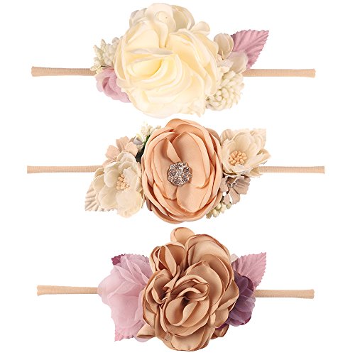 Product Cover CN Baby Girls Floral Headbands Nylon Flowers Crown Hair Bow Elastic Bands For Newborn Infant Toddlers Kids Pack of 3