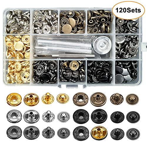 Product Cover 120 Set Leather Snap Fasteners Kit, 12.5mm Metal Button Snaps Press Studs with 4 Installation Tools, 6 Color Leather Snaps for Clothes, Jackets, Jeans Wears, Bracelets, Bags
