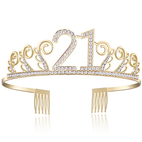 Product Cover BABEYOND Crystal Birthday Tiara Rhinestone Princess Crown Happy Birthday Crowns Silver Diamante Happy 18/20/21/30/40/50/60/90th Birthday (Gold-21st)