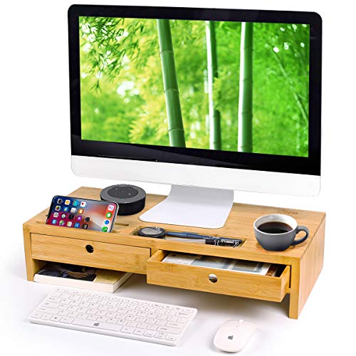 Product Cover Bamboo Monitor Stand Riser with Drawers, Sturdy Desk Organizer Laptop Stand with Keyboard Storage, Office Computer Accessories Shelf Cellphone TV Printer Natural Container-by Qlben