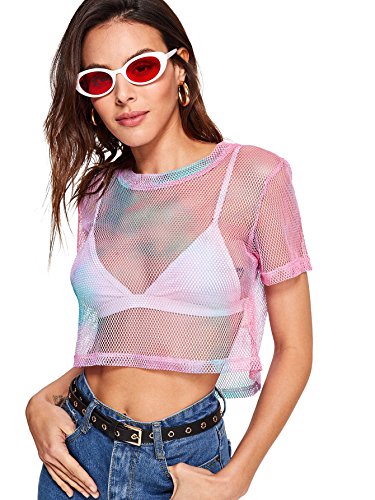 Product Cover SweatyRocks Women's Sexy Sheer Mesh Fishnet Net Short Sleeve T-Shirt Crop Top (Medium, Pink)
