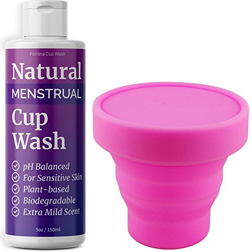 Product Cover All Natural Menstrual Cup Wash with Silicone Storage Container, pH Balanced Menstrual Cup Cleaner Kit for Sensitive Skin, Specially Formulated for Reusable Menstruation Cups (5.07 fl oz)