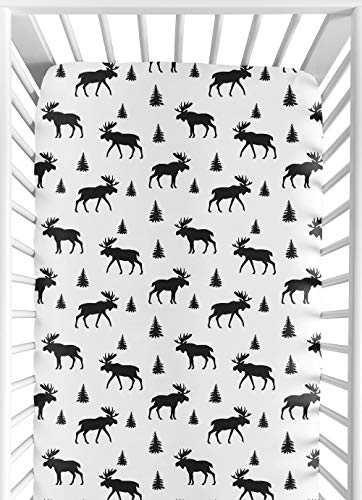 Product Cover Sweet Jojo Designs Black and White Woodland Moose Baby or Toddler Fitted Crib Sheet for Rustic Patch Collection