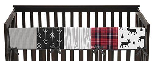 Product Cover Sweet Jojo Designs Grey, Black and Red Woodland Plaid and Arrow Long Front Crib Rail Guard Baby Teething Cover Protector Wrap for Rustic Patch Collection - Flannel Moose Gray