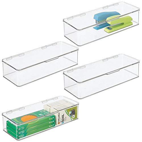 Product Cover mDesign Wide Plastic Stackable Home, Office Supplies Storage Organizer Box with Attached Hinged Lid - Holder Bin for Note Pads, Gel Pens, Staples, Dry Erase Markers, Tape - 3