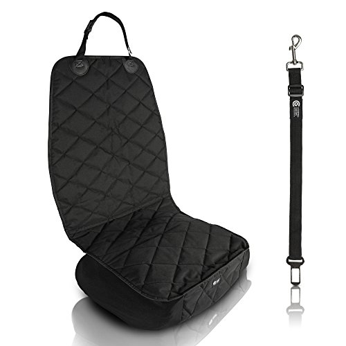 Product Cover Pet Front Seat Cover for Dogs, Luxury Edition, Heavy Duty & Waterproof, Fits Cars, SUVs, Trucks, Washable, Non-Slip, Quilted, Padded, Black, Dog Safety Belt Included