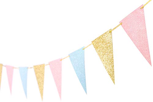 Product Cover 10 Feet Gender Reveal Party Banner Glitter Paper New Years Banner Supplies Garland Decoration Pennant Banner Flags for Baby Shower Birthday Party New Year Eve Decoration 15 pcs (Gold Pink Blue)