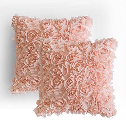 Product Cover MIULEE Pack of 2 3D Decorative Romantic Stereo Chiffon Rose Flower Pillow Cover Solid Square Pillowcase for Sofa Bedroom Car 18x18 Inch 45x45 cm Peach Pink