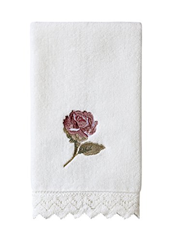 Product Cover Five Queens Court Rosalind Country Chic Floral Embroidered Crochet Trim Fingertip Towel, Pink Rose