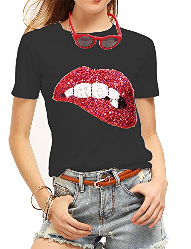 Product Cover Women's Sequined Sparkely Glittery Lip Print T Shirt Cute Embroidery Teen Girls Tops (L,Black)