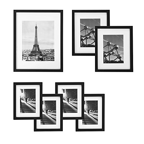 Product Cover SONGMICS Picture Frames Set of 7 Pieces, One 11 x 14 Inches, Two 8 x 10 Inches, Four 6 x 8 Inches, with White Mat Real Glass, for Multiple Photos, Black Wood Grain URPF37BK