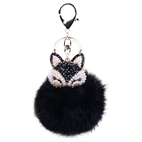 Product Cover Real Fox Fur Ball with Artificial Fox Head Inlay Pearl Rhinestone Key Chain for Womens Bag or Cellphone or Car Pendant (Black)
