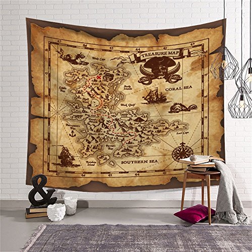 Product Cover QCWN Treasure Map Tapestry Wall Hanging,Island Map Super Detailed Treasure Map Pirates Gold Secret Sea History Theme, Wall Hanig for Bedroom Living Room Dorm Decor.Beige and Brown (59