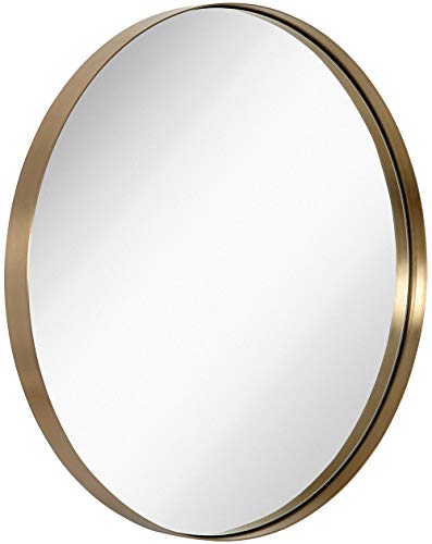 Product Cover Hamilton Hills Contemporary Brushed Metal Gold Wall Mirror | Glass Panel Gold Framed Rounded Circle Deep Set Design (30