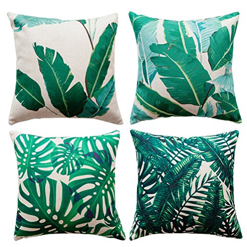 Product Cover Tropical Leaves Throw Pillow Covers U-Love Cotton Linen Square Pillow Case 18 X 18 Inch,4 Pack (Plants-1)