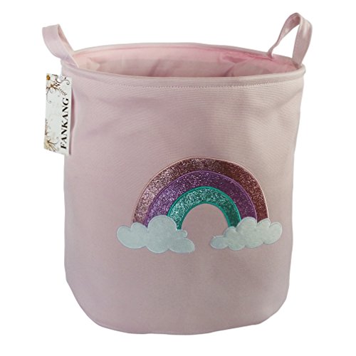 Product Cover FANKANG Large Sized Gift Baskets Cute Rainbow Pattern Design Laundry Hamper Cotton Fabric Cylindric Storage Bin with Rope Handles, Decorative and Convenient for Kids Bedroom (Pink Rainbow)
