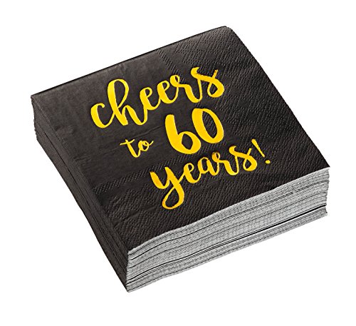 Product Cover Birthday Party Cocktail Napkins - 50 Pack Gold Foil Cheers to 60 Years Disposable Paper Napkins, Perfect for 60th Birthday Party Supplies, Anniversary Decorations, 5 x 5 Inches Folded, Black