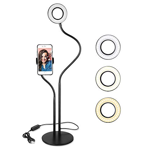 Product Cover Selfie Ring Light with Cell Phone Holder Stand for Live Stream/Makeup, UBeesize Mini LED Camera Lighting with Flexible Arms Compatible with iPhone/Android