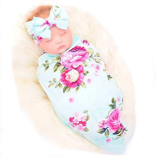 Product Cover Galabloomer Newborn Receiving Blanket Headband Set Flower Print Baby Swaddle Receiving Blankets