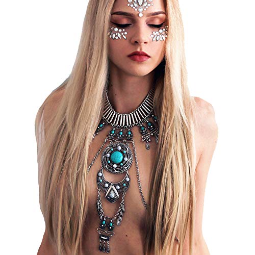 Product Cover KissYan Boho Statement Turquoise Necklace Crossover Harness Bikini Waist Belly Sexy Body Chains for Women (Silver)