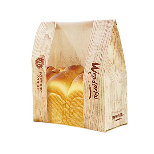 Product Cover Pack of 30 Paper Bread Loaf Bag Kraft Food Packaging Storage Bakery Bag with Front Window, Label Seal sticker included (Style-4)