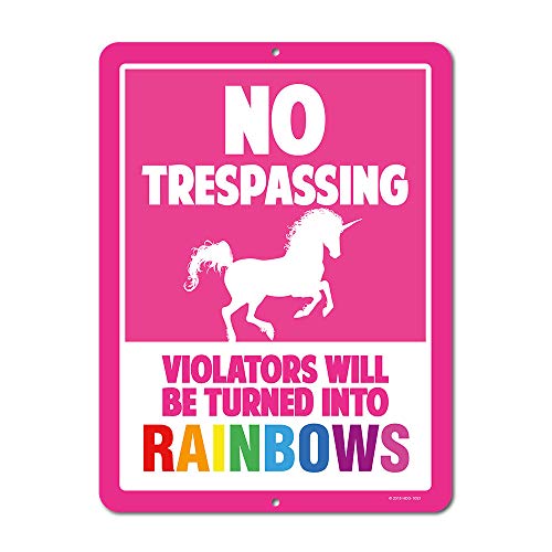 Product Cover Unicorn Wall Decor, No Trespassing Signs, Violators Will Be Turned Into Rainbows, 9 x 12 Inch Metal Aluminum Novelty Sign Decor