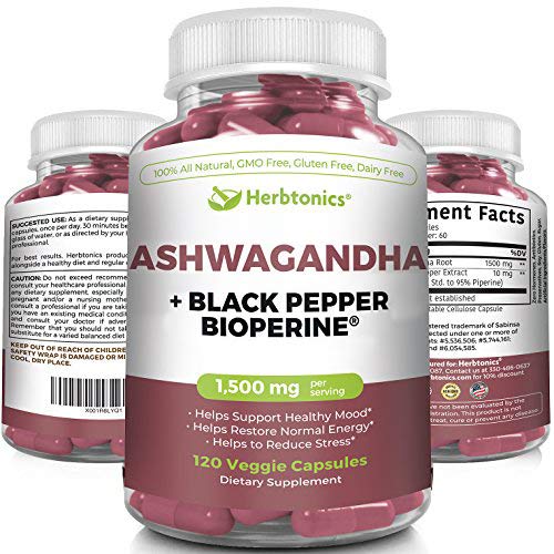 Product Cover Ashwagandha Capsules with Black Pepper (Bioperine) 1500mg - Made with Ashwagandha Root Powder- 120 Capsules -Mood Supplement- Anxiety Supplement Stress Support & Mood Support