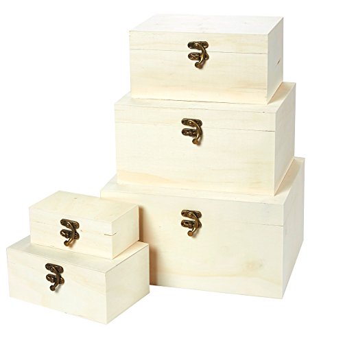 Product Cover Juvale Wooden Boxes - 5-Piece Hinged-Lid Nesting Boxes for Arts, Crafts, Hobbies and Home Storage, Unfinished Wood, Natural Wood Color