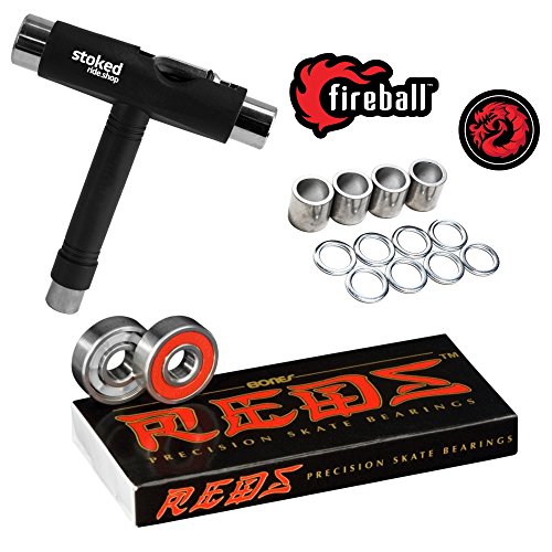 Product Cover Bones Reds Bearings for [Skateboards, Longboards, Scooters, Spinners] (8 Pack (w/Dragon Spacers, Washers & Stoked Tool))