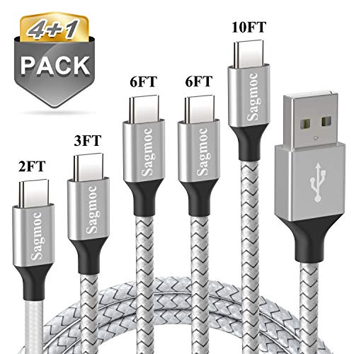Product Cover Type C Cable Charger Cord Silver - Sagmoc USB C Cable【4+1Pack】 2FT 3FT 2x6FT 10FT Nylon Braided Compatible Samsung S9 S8 Plus, Note 8, LG V30 G6 G5, Google Pixel, Nexus 6P 5X, Moto Z2