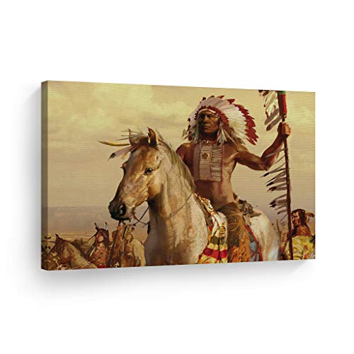 Product Cover SmileArtDesign Indian Wall Art Native American Riding a White Horse Canvas Print Home Decor Decorative Artwork Gallery Wrapped Wood Stretched and Ready to Hang -%100 Handmade in The USA - 8x12